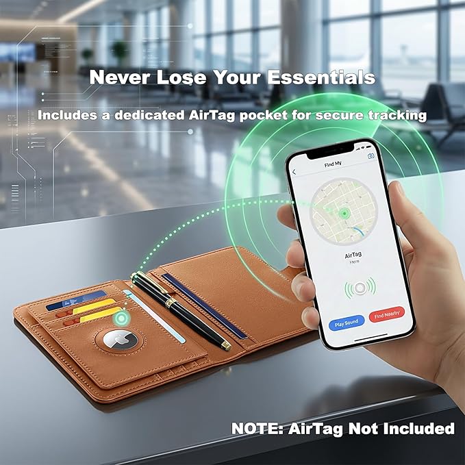 Passport Holder for Travel, RFID Blocking Leather Airtag Wallet for Women Men, Large Passport Cover Essentials Gift, Tickets, Cash, Photo, Sim Card Pen Slot - Brown