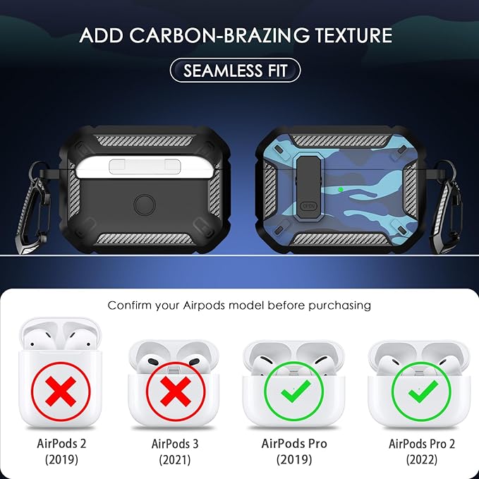 RFUNGUANGO for AirPods Pro 2nd Generation Case Cover with Cleaner Kit, Military Hard Shell Protective Armor with Lock for AirPod Gen 2 Charging Case 2023,2022, Front LED Visible,Grey Camou