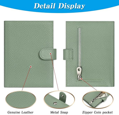 Passport Holder for Travel Women RFID Blocking Genuine Leather Passport Wallet with Card Slots, Zipper Coins Pocket, Cash Holder, Green