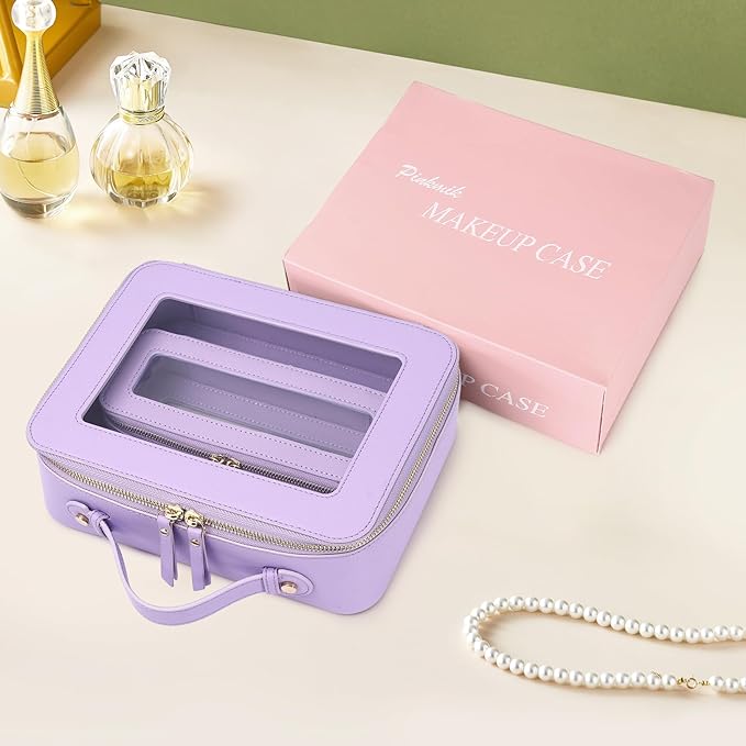 Pinkmik Clear Makeup Bag with Brush Bag 2pcs Waterproof Travel Case for Cosmetics and Toiletries Women's Cosmetic Organizer with Zipper (X/Purple, L+SLIM)
