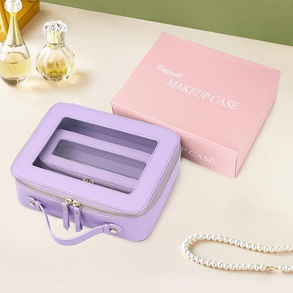 Pinkmik Clear Makeup Bag with Brush Bag 2pcs Waterproof Travel Case for Cosmetics and Toiletries Women's Cosmetic Organizer with Zipper (X/Purple, L+SLIM)