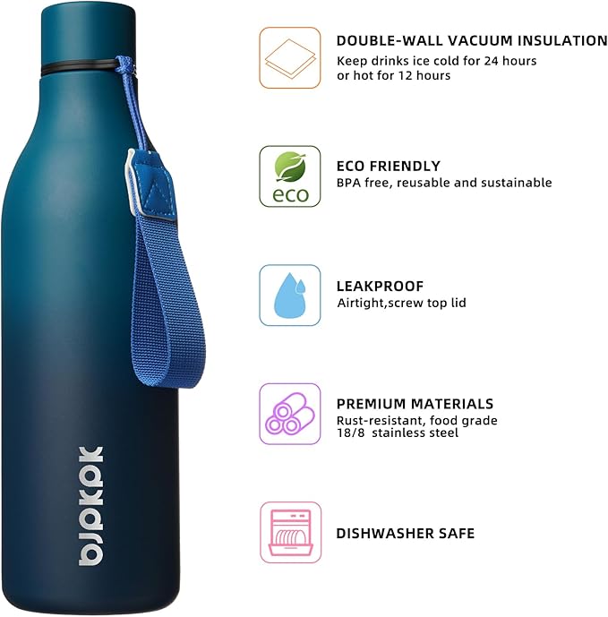 BJPKPK Insulated Water Bottles, 25 oz Stainless Steel Metal Water Bottle with Strap, BPA Free Leak Proof Jugs, Mugs, Flasks, Reusable Thermal Flasks for Sports & Travel, Sea