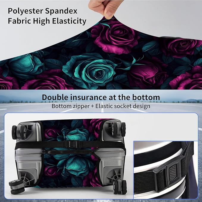 Suitcase Cover for Luggage 18-21 Inch, Washable Elastic Anti-Scratch Luggage Protector, Durable Zipper Baggage Cover with Handle Wrap, Travel Accessories for Suitcase, Purple-Green Rose