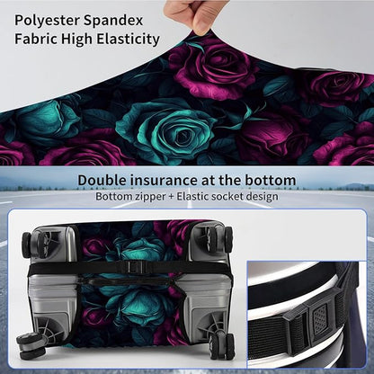 Suitcase Cover for Luggage 18-21 Inch, Washable Elastic Anti-Scratch Luggage Protector, Durable Zipper Baggage Cover with Handle Wrap, Travel Accessories for Suitcase, Purple-Green Rose