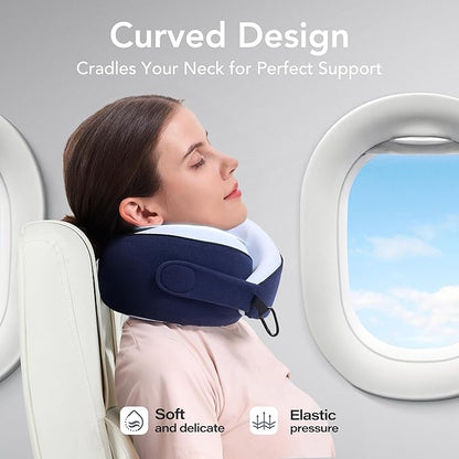 Travel Pillow, 100% Pure Memory Foam Travel Neck Pillow Airplane Neck Support Ergonomic Design for Traveling Suitable for Airplanes,Offices and Cars-Cooling Silk Blue