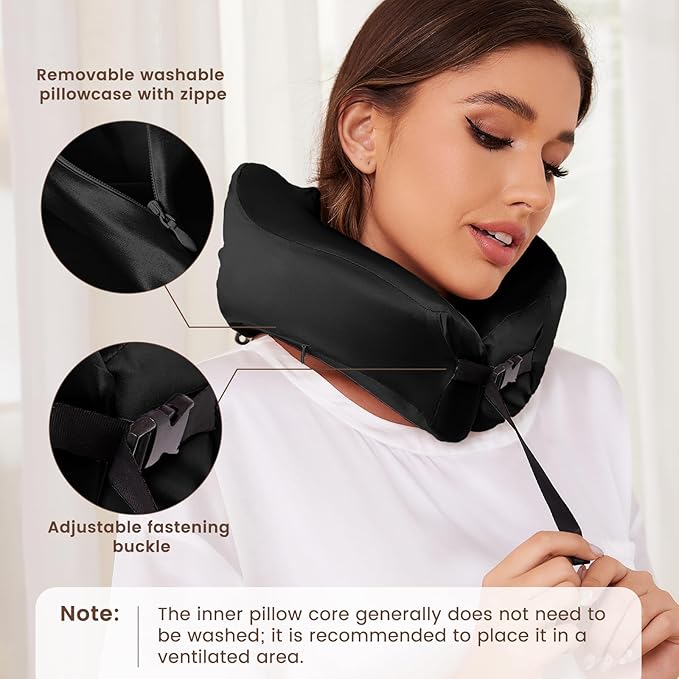 THXSILK 100% Mulberry Silk Neck Pillow for Traveling, Pure Memory Foam Travel Pillow for Airplanes, Travel Neck Pillow for Sleeping, Head and Neck Support, Includes Storage Bag (Black)