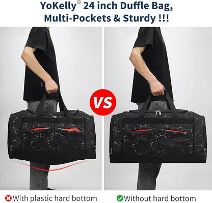 24 inch Large Gym Bag for Men - 65L Hard Bottom Duffle Bag with Shoes Compartment for Sport/Travel - Marble Black
