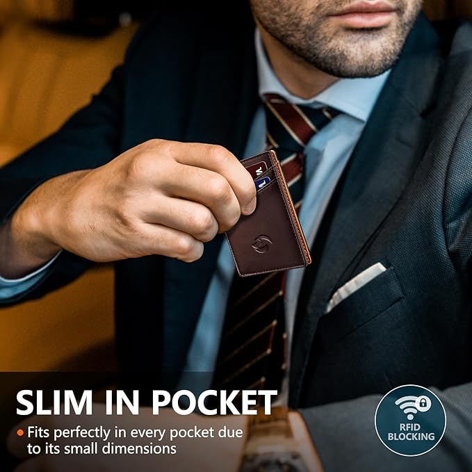 Magnetic Closure Slim Wallet for Men with Money Clip Gift Boxed,Genuine Leather Front Pocket Wallet, 3.9"x 2.7", RFID Blocking