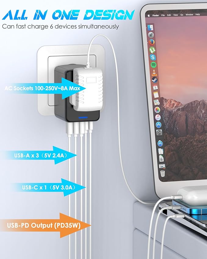 Universal Travel Adapter 35W PD Fast Charging Offers 3 USB-A Ports, 2 USB-C Ports and Multi AC Outlet, International Plug Adapter Worldwide Travel Charger All in One for EU US UK AUS