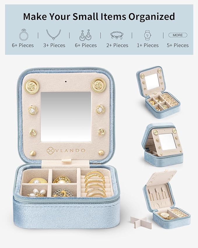 Vlando Velvet Travel Jewelry Case, Jewelry Travel Box for Women, Travel Jewelry Organizer, Small, Portable Jewelry Boxes with Mirror - Blue