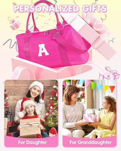 Overnight Bag for Kids Teen Girls Weekender Dance Bag Birthday Graduation Gifts,Initial Travel Duffel Bag Sports Gym Bag Personalized Weekender Bag Carry On Bags Preppy Gifts for Women(Hot Pink, A)