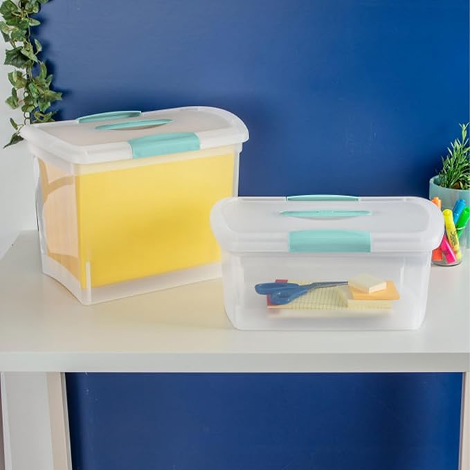 Sterilite Large Nesting ShowOffs, Stackable Small Storage Bin with Latching Lid and Handle, Plastic Container to Organize Office Files, Clear, 18-Pack