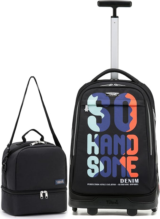 NEW TILAMI 19 Inch Rolling Backpack with Lunch Bag for Girls Boys Wheeled Laptop Backpack Durable Carry-on Bag School Travel, So Handsome