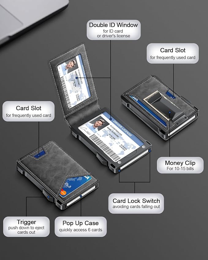 Wallet for Men RFID Wallet with 2 ID Windows & Money Clip, Slim Pop Up Card Holder for 10-12 Cards, Bifold Minimalist Smart Wallet for Front Pocket, Compact Metal Credit Card Holder, Gifts for Men