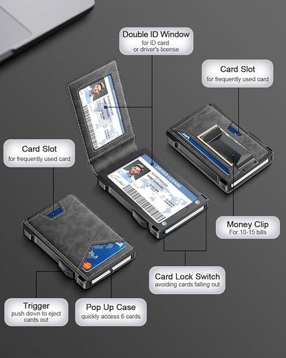 Wallet for Men RFID Wallet with 2 ID Windows & Money Clip, Slim Pop Up Card Holder for 10-12 Cards, Bifold Minimalist Smart Wallet for Front Pocket, Compact Metal Credit Card Holder, Gifts for Men