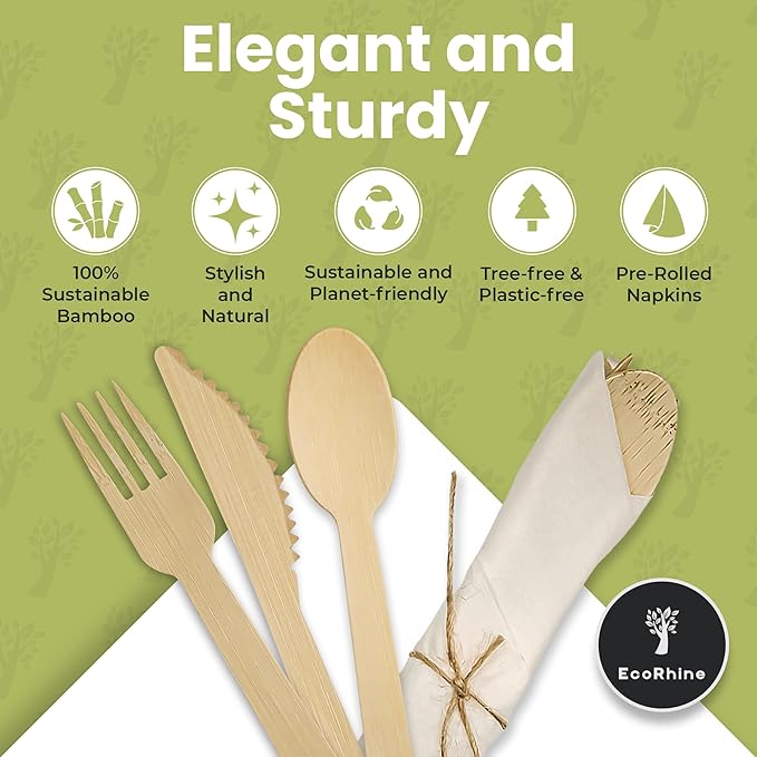 Bamboo Cutlery Set 200 PCS | 50 Packs of Pre Rolled Utensils with Napkins | Eco Friendly Disposable Cutlery for Weddings, Parties, Camping & Events | Each Pack Includes Fork, Knife & Spoon