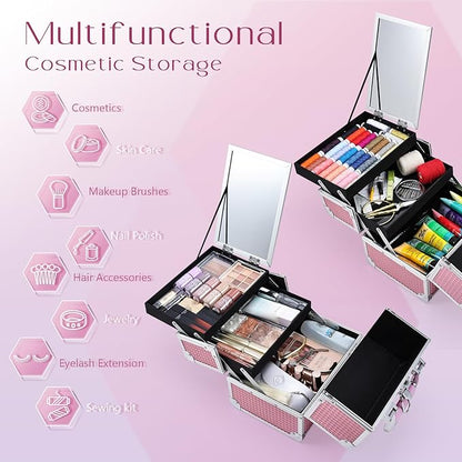 Joligrace Makeup Train Case Makeup Case Organizer Portable Cosmetic Box Storage with 2 Trays Mirror Locking Make Up Travel Case for Nail Kits Cosmetics Craft Traveling Makeup Box Mermaid Pink