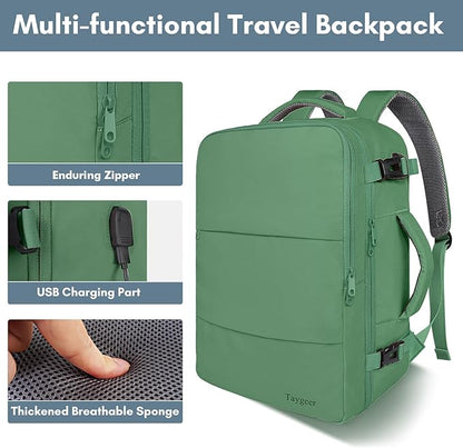Taygeer Travel Backpack for Women Men, 40L Airline Approved Carry On with 17.3 inch Laptop Compartment, TSA Friendly Daypack with USB Charging Port, Backpack for Business Hiking Travel, Peridot Green
