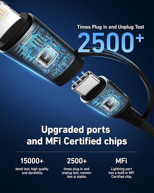 Coiled USB C to Lightning Cable 3FT, 2 in 1 iPhone 15 Charger Cord for Car Nylon Braided Multi Type C to TypeC Fast Charging Cables for iPhone 17 16 15 14 13 12 11 iPad, Samsung Galaxy Sony - 1Pack