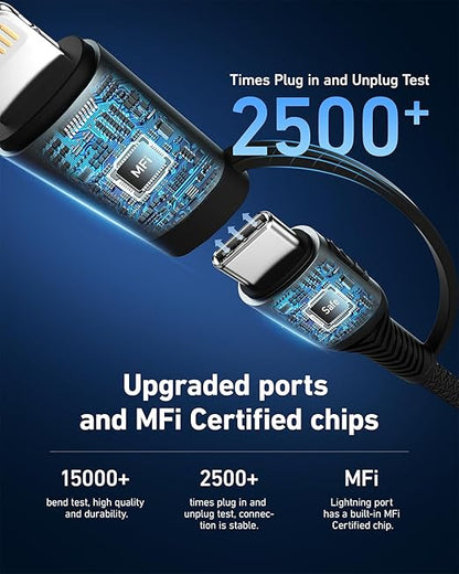 Coiled USB C to Lightning Cable 3FT, 2 in 1 iPhone 15 Charger Cord for Car Nylon Braided Multi Type C to TypeC Fast Charging Cables for iPhone 17 16 15 14 13 12 11 iPad, Samsung Galaxy Sony - 1Pack