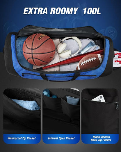 Gonex Gym Duffel Bag with Shoe Compartment Wet Pocket, Large Capacity Sports Duffle Bag for Men Women, Workout & Travel Bag with Multiple Pockets, Black/Blue, Large (100L)