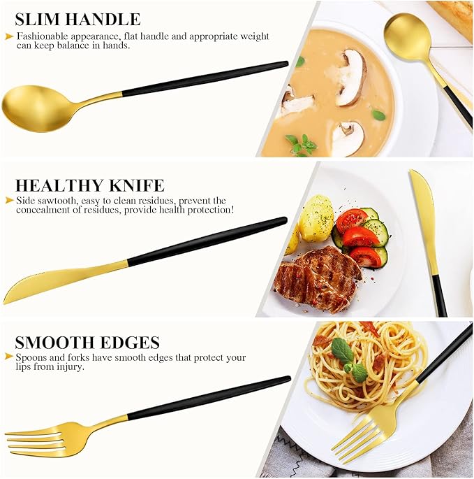 Black and Gold Silverware Set for 8, 40-Piece Matte Handle Flatware, Stainless Steel Cutlery Tableware, Kitchen Utensils Include Spoons and Forks, Dishwasher Safe