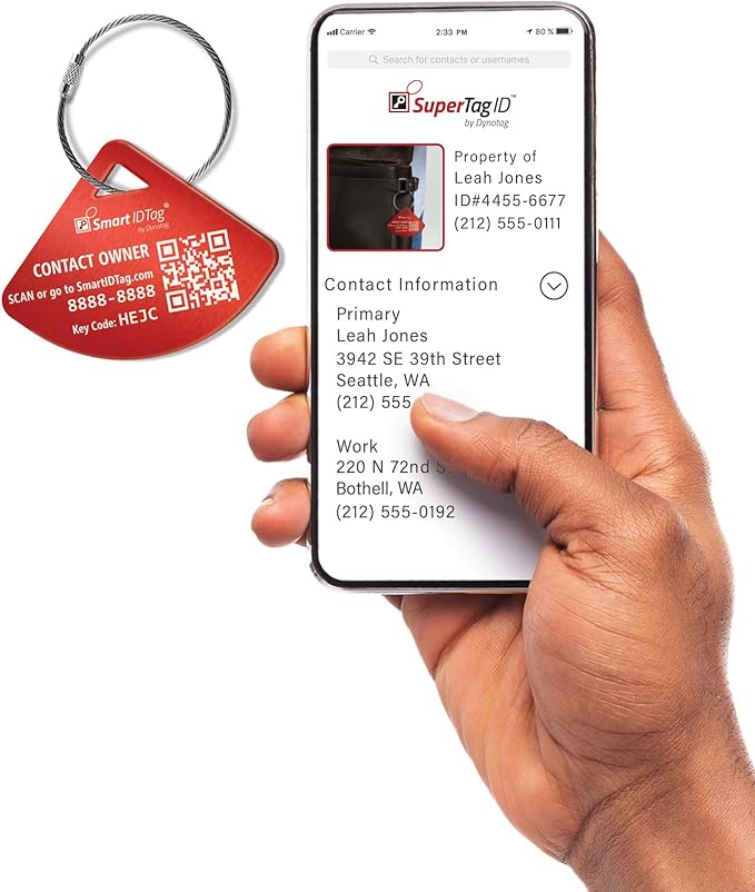 Dynotag® Express Series Solid Metal Web Enabled Smart Bag Tag ID + Steel Loop, Anodized Aluminum with DynoIQ™ & Lifetime Recovery Service (Ruby Red)