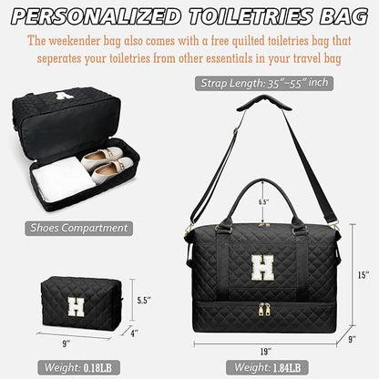 Gifts for Friend Women Girls Christmas Initial Travel Duffle Bag Quilted Weekender Bags Carry-On Overnight with Cosmetic Bag, Gym Bag with Shoe Compartment, Black H