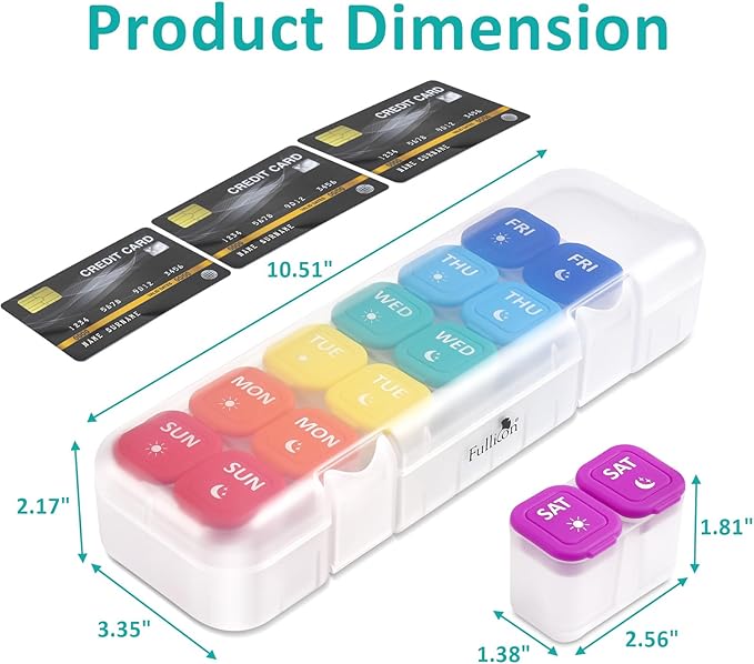 Fullicon Moisture-Proof Pill Organizer 2 Times a Day, Weekly Pill Boxes & Organiser with Silicone Lids, Large Capacity AM PM Pill Organizer 7 Day, Travel Pill Case for Vitamins (Clear Rainbow)