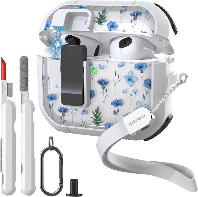 WENEW Case for AirPods 3 Case Cover Secure Lock Automatic Snap Switch Clip Cleaner Kit Lanyard Women Stylish Flower Armour Hard Shell Full Body Front LED Visible (Blue Flower, AirPods 3rd)