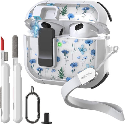 WENEW Case for AirPods 3 Case Cover Secure Lock Automatic Snap Switch Clip Cleaner Kit Lanyard Women Stylish Flower Armour Hard Shell Full Body Front LED Visible (Blue Flower, AirPods 3rd)