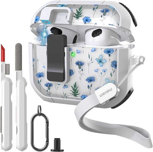 WENEW Case for AirPods 3 Case Cover Secure Lock Automatic Snap Switch Clip Cleaner Kit Lanyard Women Stylish Flower Armour Hard Shell Full Body Front LED Visible (Blue Flower, AirPods 3rd)