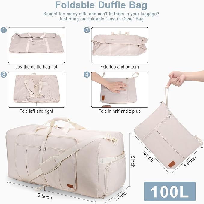 100L Travel Duffle Bag for Men and Women, Urtala 32” Large Duffle Bag for Traveling with Shoe Compartment, Foldable Duffel Bag Water & Tear Resistant (Beige)