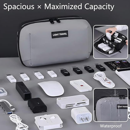 Electronics Travel Organizer Case - Tech Accessories Cord Storage Bag for Phone, Charger, Power Bank, Cables, USB, SD Card, Earphones, Magic Mouse - Portable Cable Organizer Pouch for Travel (Grey)
