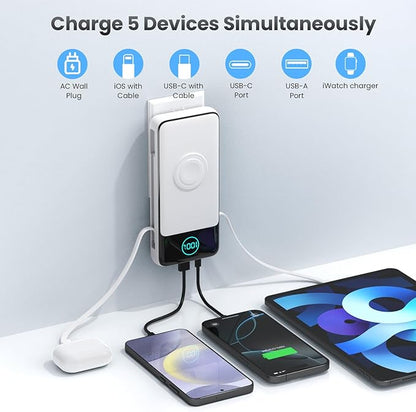 Portable Charger for iPhone with Built-in Cables and AC Wall Plug,Upgraded 26800mah Fast Charging USB C Power Bank,25W PD Travel Essential Battery Pack for iPhone 17/16/15/14,Galaxy,Apple Watch-White
