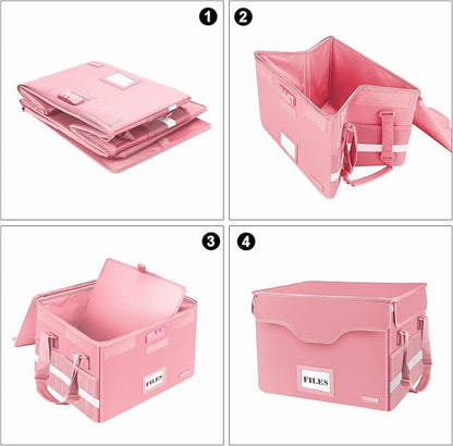 DocSafe Fireproof Document Box with Lock,File Storage Organizer with Pockets,Collapsible Portable File Box Home Office Safe Filing Cabinet with Handle for Hanging Letter/Legal Folders,Pink,2 Pack
