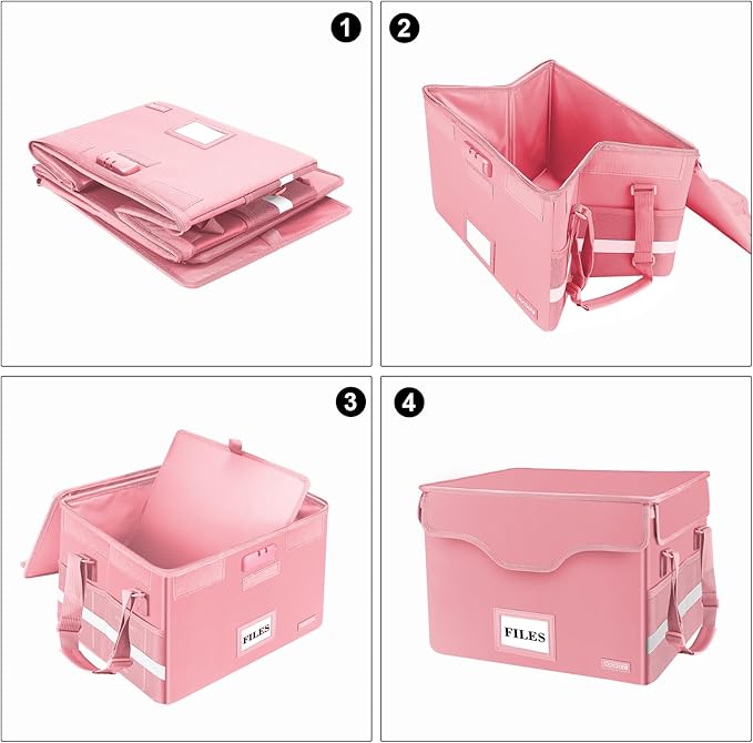 DocSafe Fireproof Document Box with Lock,File Storage Organizer with Zipper Pockets,Collapsible Portable File Box Home Office Safe Filing Cabinet with Handle for Hanging Letter/Legal Folder,Pink