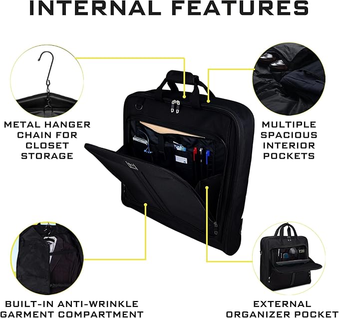 Premium Suit Garment Bag Carry On - Hangs 4 Suits - Travel & Business with Shoulder Strap and Laptop Compartment