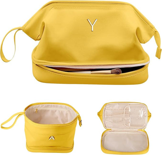 Birthday Presents for Women, Initial Makeup Bag, Travel Gifts, Personalized Bags, Waterproof Double Layer Cosmetic Bag, PU Leather Makeup Bags Letter Travel Toiletry Bag, Friend Gifts