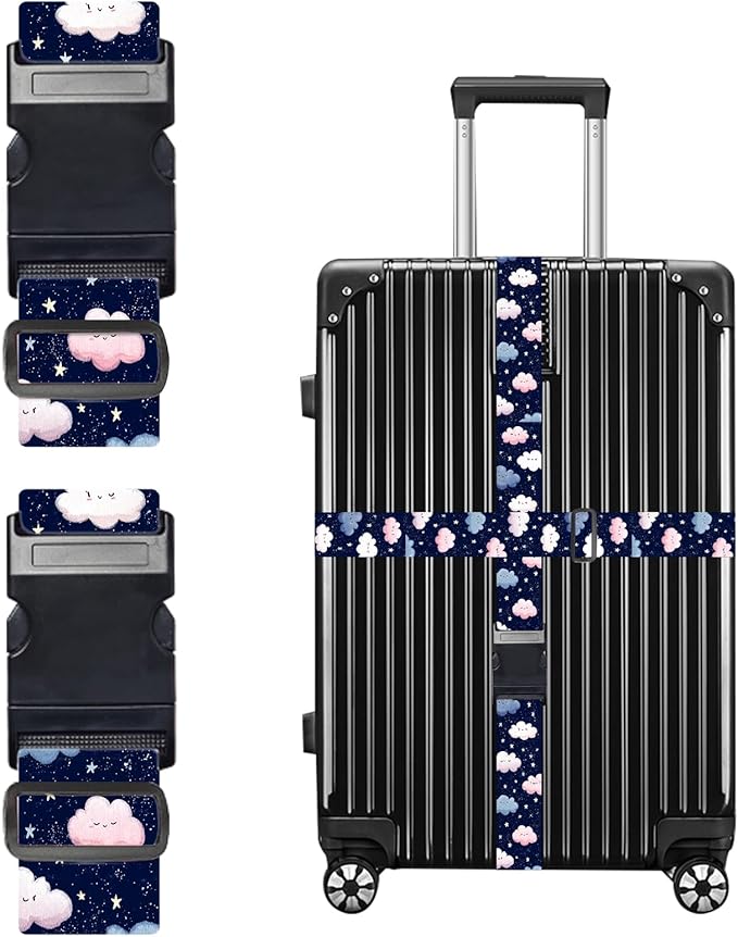 Nuxovilar Luggage Straps of 2 Set Cartoon Clouds Stars Pattern, 1.96x90.5 inches - Luggage Straps for Suitcases, Great for Night Trips, Family Travel, Daily Use