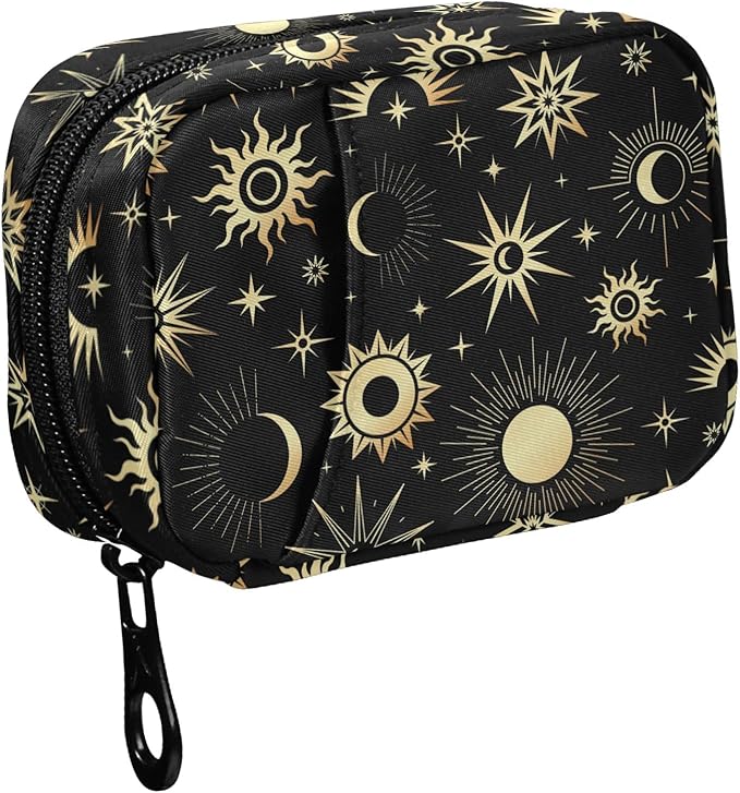 Fustylead Gold Sun Moon and Stars Travel Pill Organizer Case Zipper for Purse with Removable Weekly Pill Box for Medicine, Vitamin, Supplement Medicine Organizer