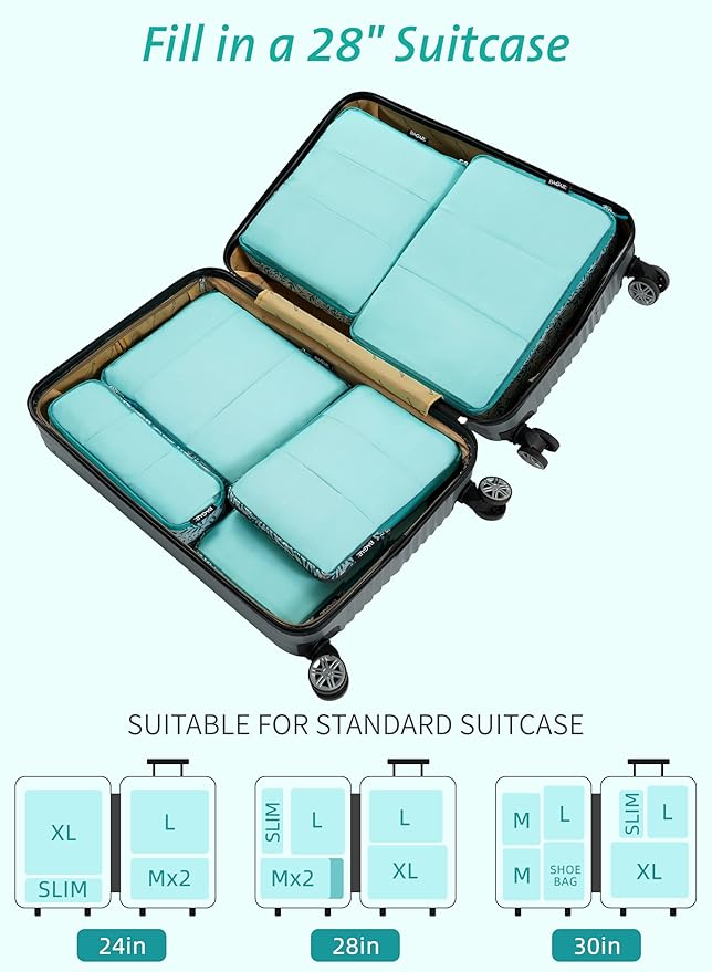 Bagail Ultralight Compression Cubes 7 Set - 3 Packing Cubes, 3 Organizers, and 1 Shoe Bag