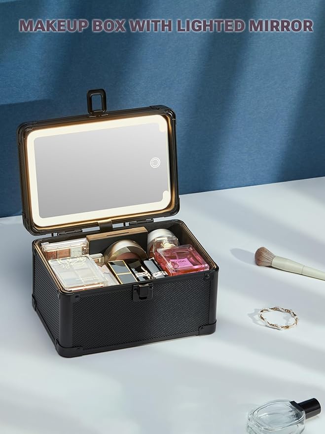 Qislee Makeup Box Mini with A Detachable Lighted Mirror, Waterproof Small Makeup Case,Cosmetic Organizer and Travel Train Case with Magnetic LED Mirror(Black)