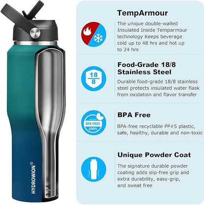 HYDROWION Water Bottle Stainless Steel,Vacuum Insulated Leak Proof Tumbler 32oz with Straw Lid, Spout Lid and Flex Cap(Cold for 48 Hrs, Hot for 24 Hrs), Fit in Any Car Cup Holder, Green - Blue