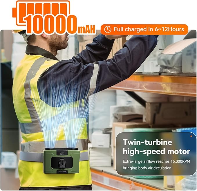 10000mAh Personal Waist Fan, USB Rechargeable Clip The Waist For Working,10 Speed & 40H Cooling and Heatstroke Prevention For Outdoor Travel Camping (K60-green)