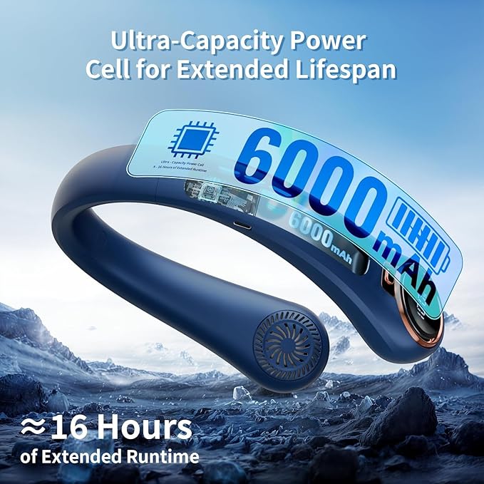 Portable Neck Fan with 6000mAh USB - Rechargeable Battery, Ultra-Light Bladeless Neck Fan LED Display, 360° Cooling Wearable Fan, 3 Speeds (Blue)
