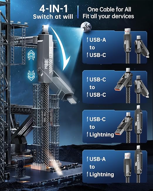 SHEZI Nylon Braided 4 in 1 USB C Cable 100W 3FT Compatible with Lightning Cable, Fast Charging for iPhone/iPad Charger Cord [480Mbps Data Sync],Multi Charging Cable with Type C/USB A, Grey