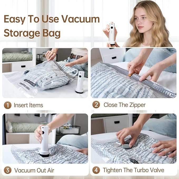 Vacuum Bags for Travel with Wireless Rechargeable Pump, 12 Pack Carry-on Size Compression Packing Seal Bags for Luggage and Suitcase, Space Saver Vacuum Storage Bags for Clothes and Clothing Travel ﻿