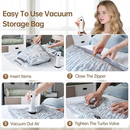 Vacuum Bags for Travel with Wireless Rechargeable Pump, 12 Pack Carry-on Size Compression Packing Seal Bags for Luggage and Suitcase, Space Saver Vacuum Storage Bags for Clothes and Clothing Travel ﻿
