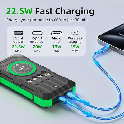Solar Charger Power Bank 49800mAh Wireless Portable Phone Charger, 22.5W QC3.0 Fast Charging Built in 4 Cables with USB C 6 Outputs & 2 Inputs for All Cell Phone